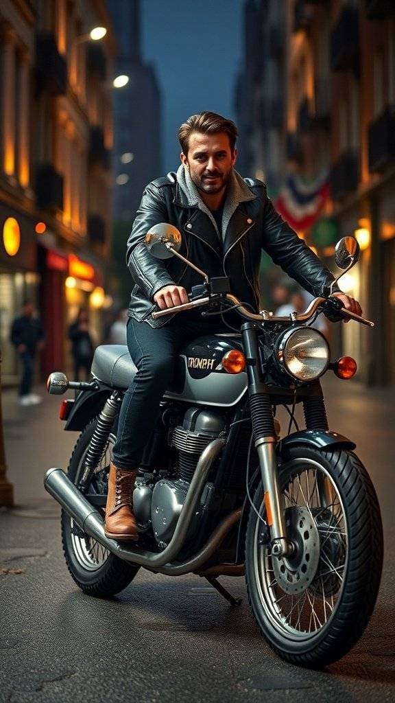A man in a black moto jacket and hoodie sits on a motorcycle in an urban setting at night.
