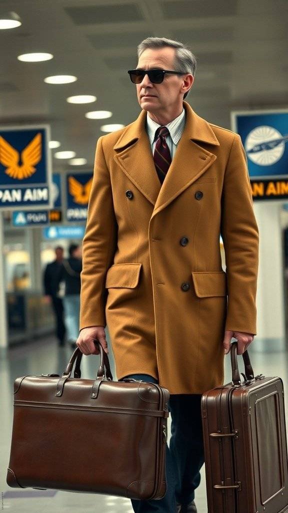 A well-dressed man in a mustard overcoat at an airport, holding two suitcases.