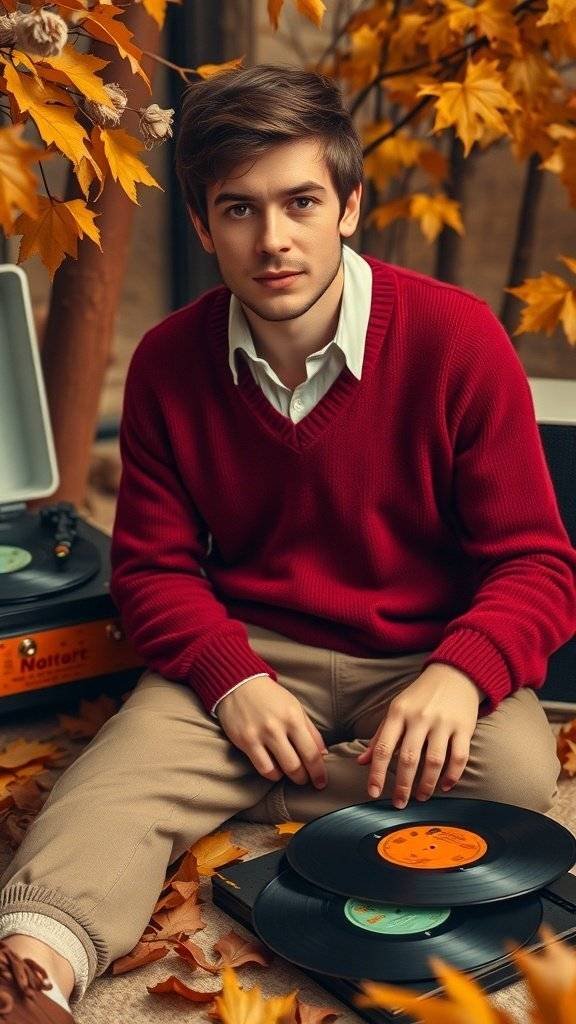 A young man in a red knit sweater sitting among autumn leaves with vinyl records.