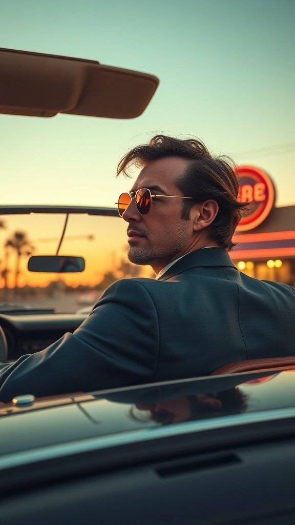 A man in a tailored suit and sunglasses driving a convertible along the coast during sunset.