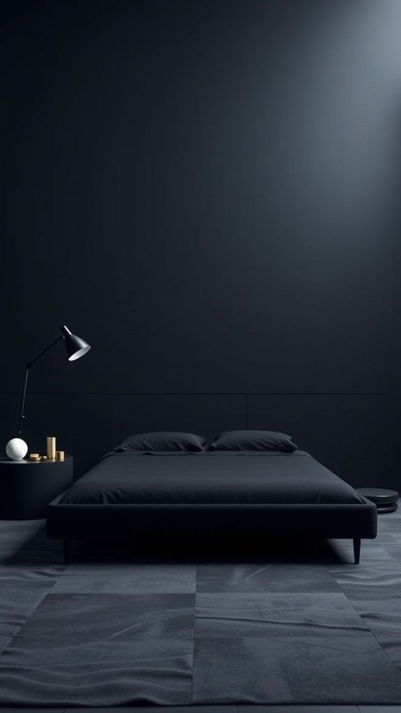 A minimalist bedroom with a dark color scheme, featuring a low-profile bed and a stylish lamp.