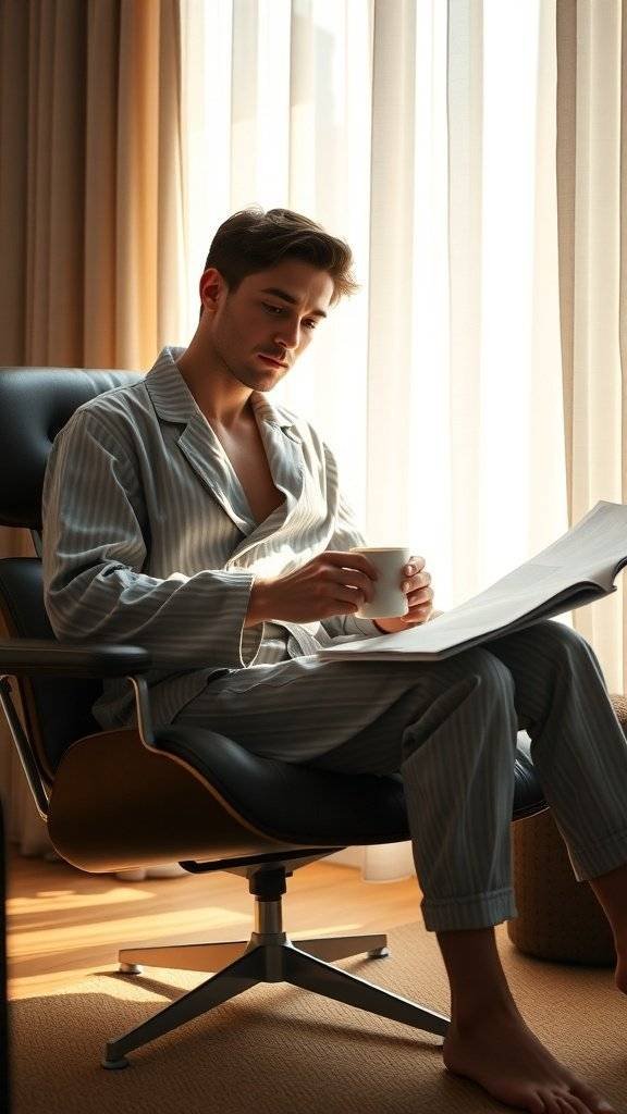 A man in striped pajamas sitting in a chair, reading a newspaper and holding a cup of coffee by a window.