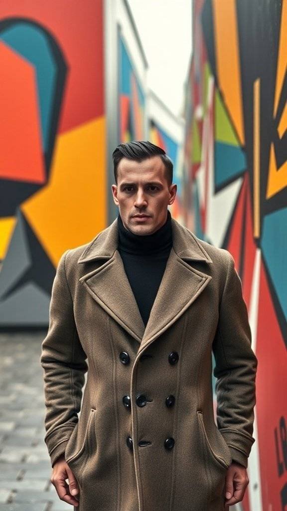 A man in a brown peacoat and black turtleneck stands confidently against a colorful street art backdrop.