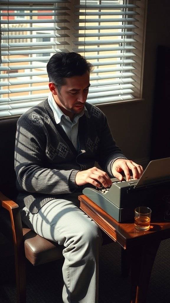 A man in a cardigan typing on a typewriter in a warm, inviting office setting.