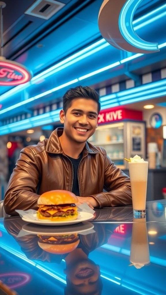 A man in a leather jacket smiling at a diner counter while holding a burger.