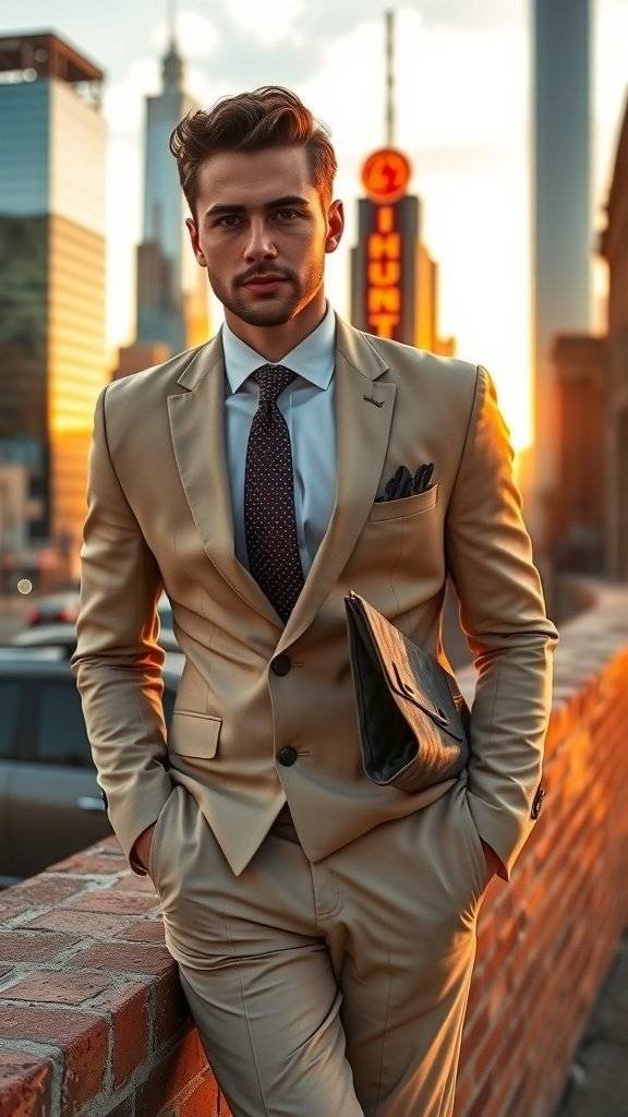 A man in a beige suit standing against a city backdrop during sunset, reflecting 1960s fashion.