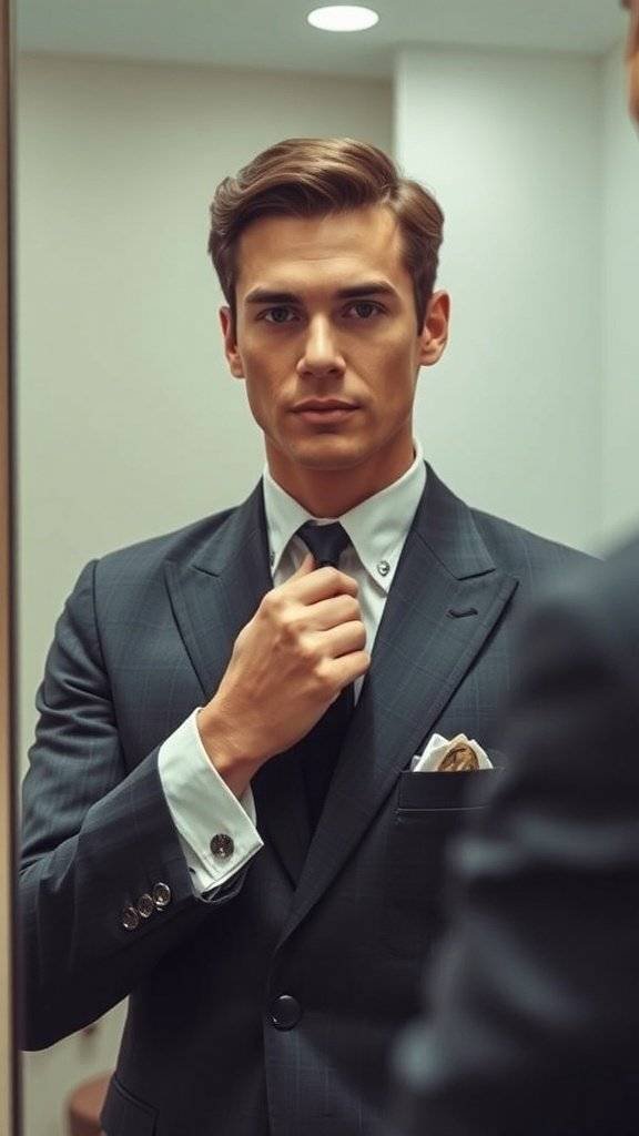 A man in a tailored suit adjusting his tie in front of a mirror.
