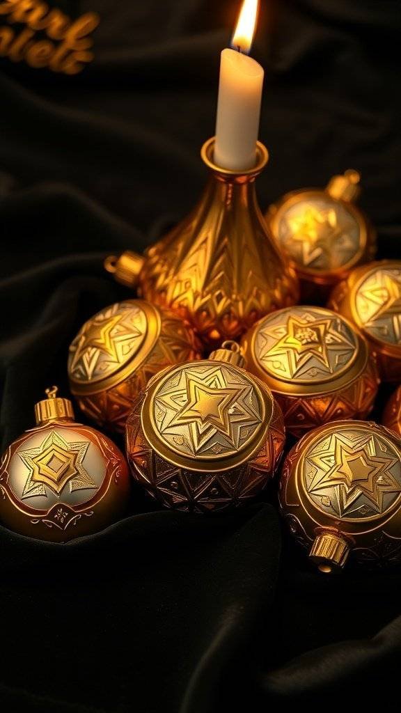 A collection of gold ornaments with star designs, surrounded by black fabric and a candle.