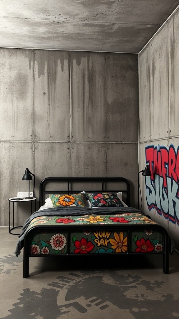 A minimalist bedroom with a black bed frame, white bedding, and graffiti on the walls, inspired by Arkham Asylum.