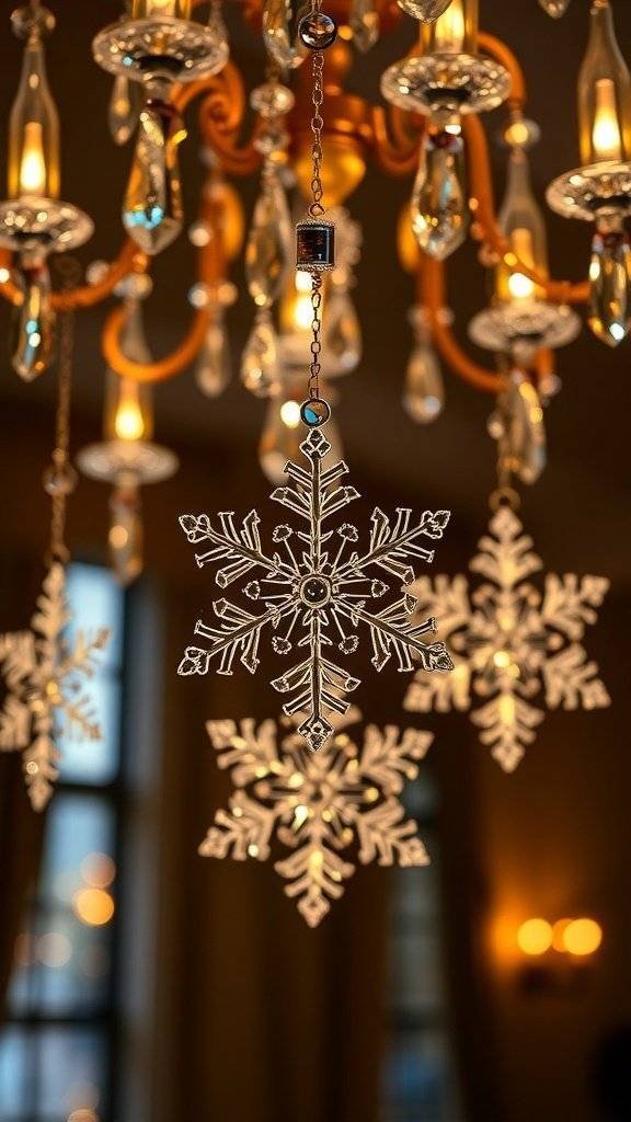 A crystal chandelier with snowflake ornaments hanging below it, creating a festive atmosphere.