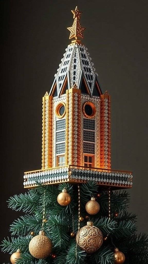 Art Deco style tree topper star on a Christmas tree