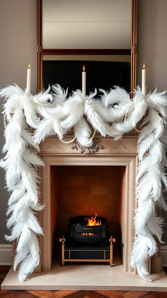 A vintage feather garland draped over a fireplace, with candles and a warm glow.