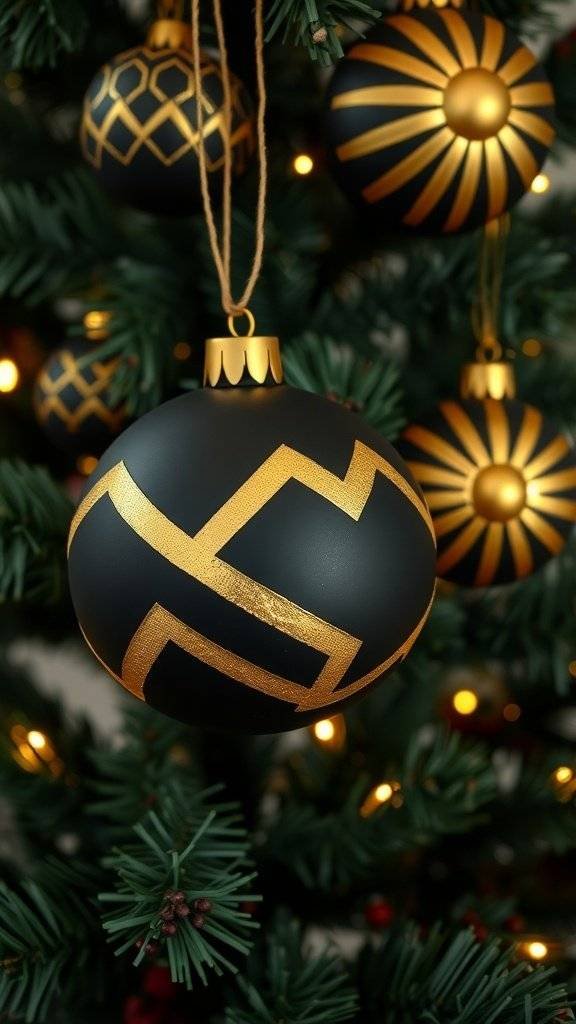 Black and gold vintage Christmas decorations featuring deco baubles and intricate designs.