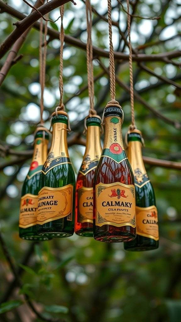 Vintage champagne bottle ornaments hanging from a tree