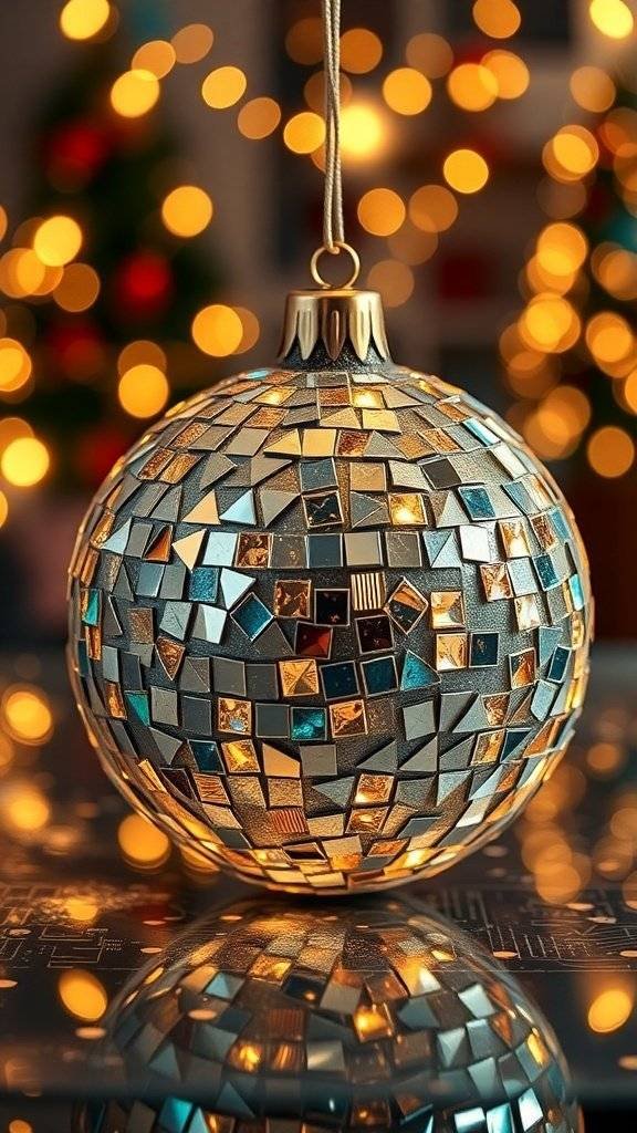 A decorative mirror mosaic ornament reflecting lights with a blurred Christmas tree in the background.