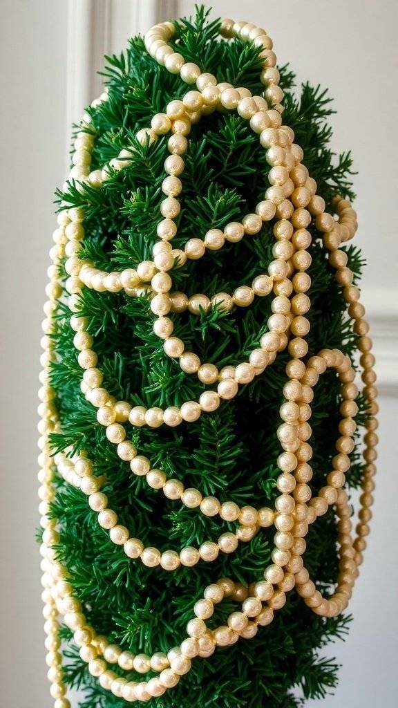A close-up of a Christmas tree with pearl strands draped over the branches.