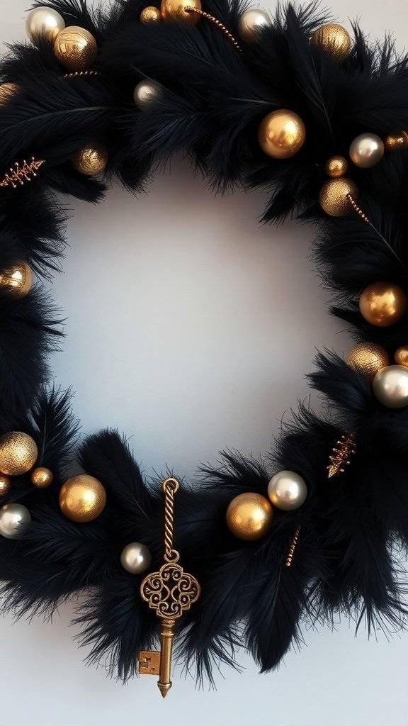 A black feather wreath adorned with gold and silver ornaments, featuring a vintage key.