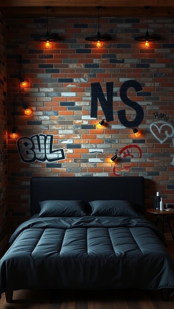 A bedroom with a brick wall featuring graffiti and warm hanging lights, showcasing a dark bedding set.