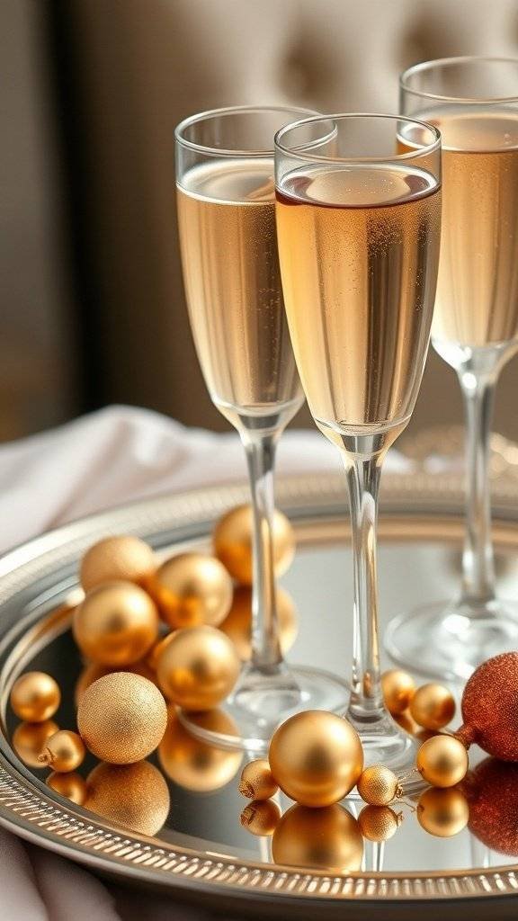A display of champagne glasses on a silver tray surrounded by golden ornaments.