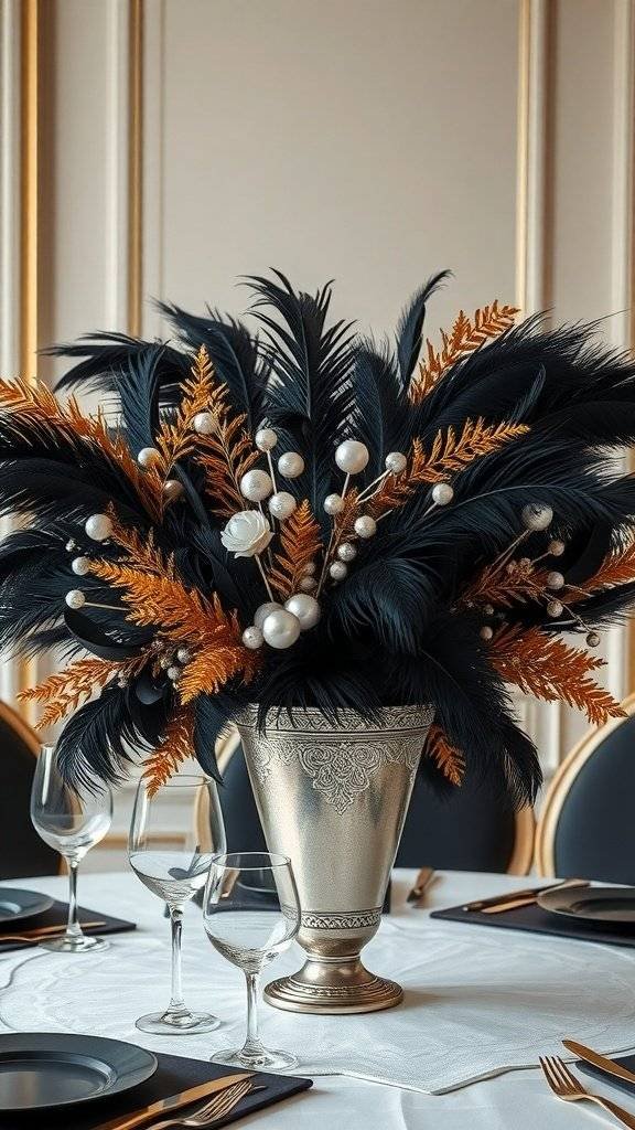 A vintage-inspired centerpiece featuring black feathers and pearls in a silver vase.