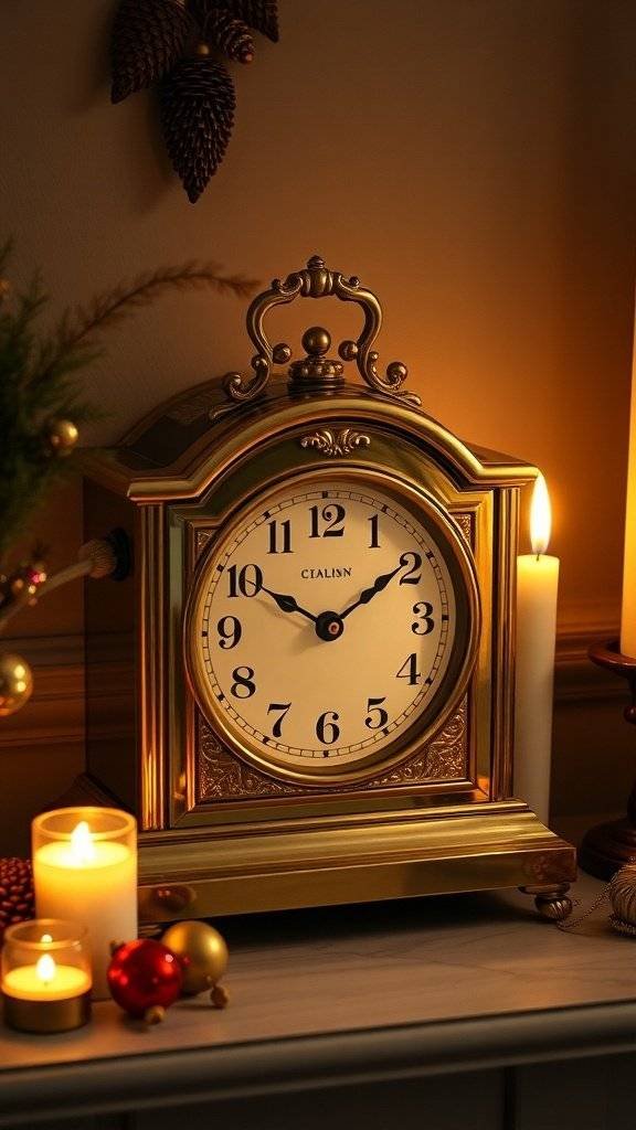 An antique clock with a golden frame, surrounded by candles and Christmas decorations.