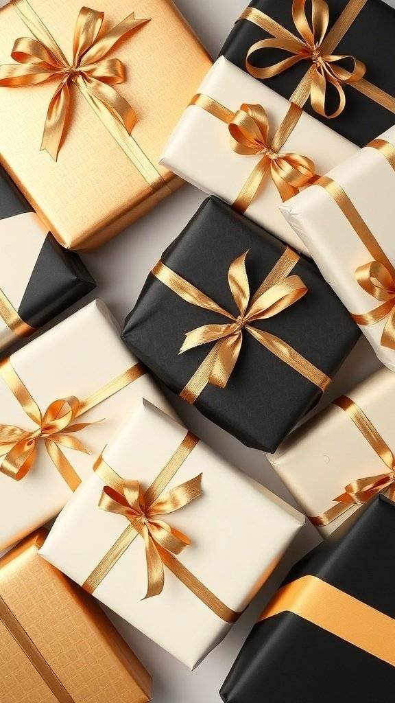 Geometric holiday gift wrap in black, white, and gold with elegant ribbons