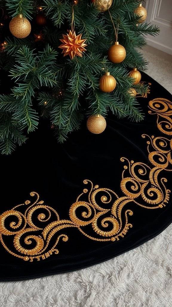 A black tree skirt with gold embroidery, placed under a Christmas tree decorated with golden ornaments.