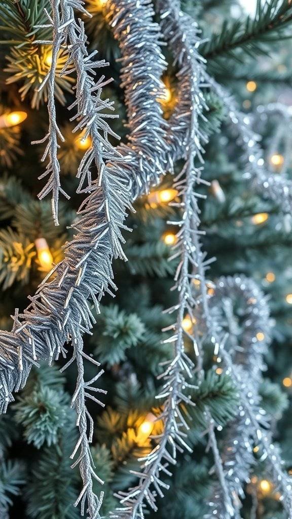 Silver tinsel garland on a Christmas tree with warm lights