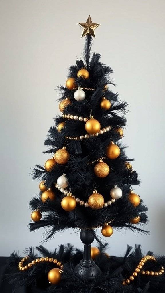 A black feather Christmas tree decorated with gold and silver ornaments and a star on top.