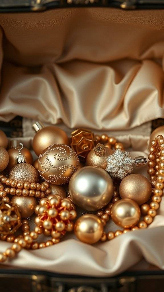 A collection of vintage golden Christmas ornaments and beads on a soft fabric background.