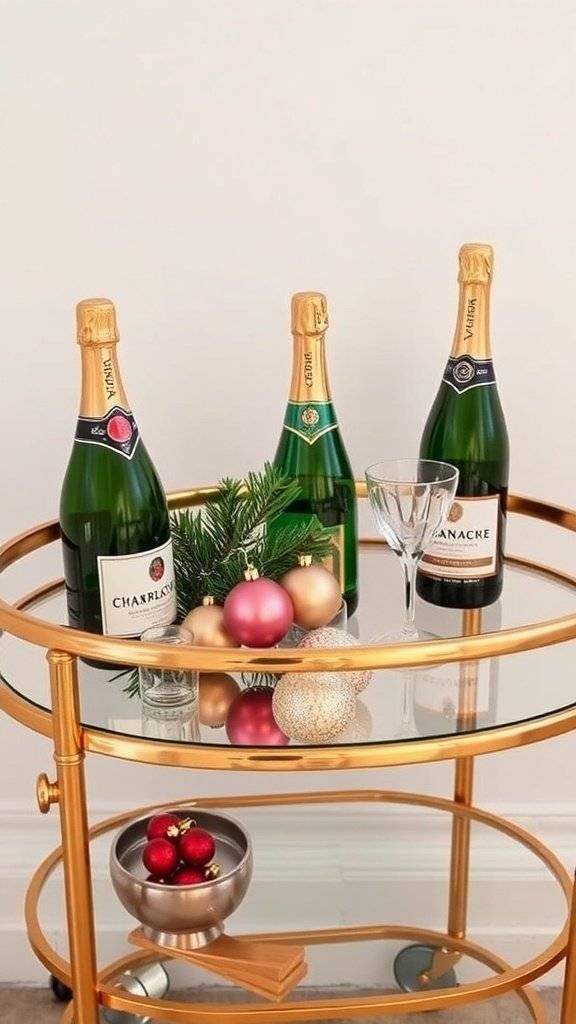 A vintage-style champagne bar cart with three bottles of sparkling wine, colorful ornaments, and glassware.