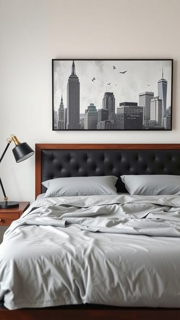 A modern bedroom featuring dark wood furniture, gray bedding, and a city skyline artwork.