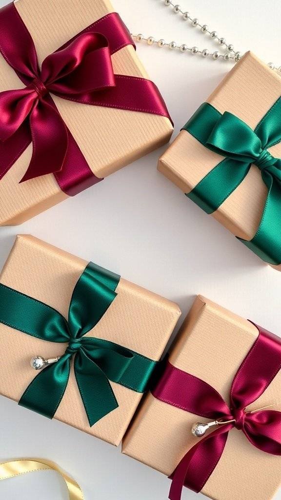 Beautifully wrapped gifts with velvet ribbons in maroon and green