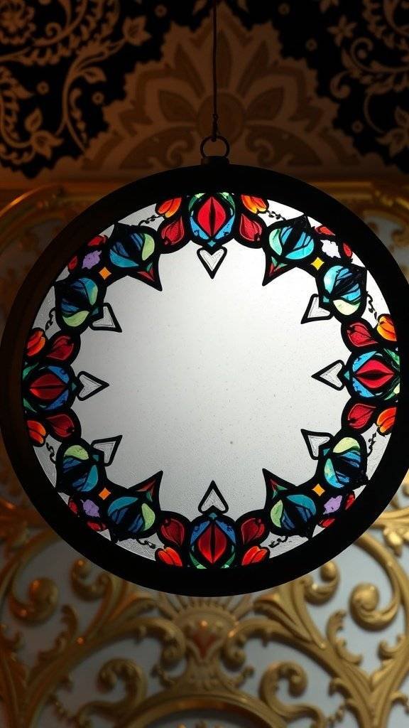 A circular stained-glass ornament with colorful floral patterns, hanging against a decorative background.
