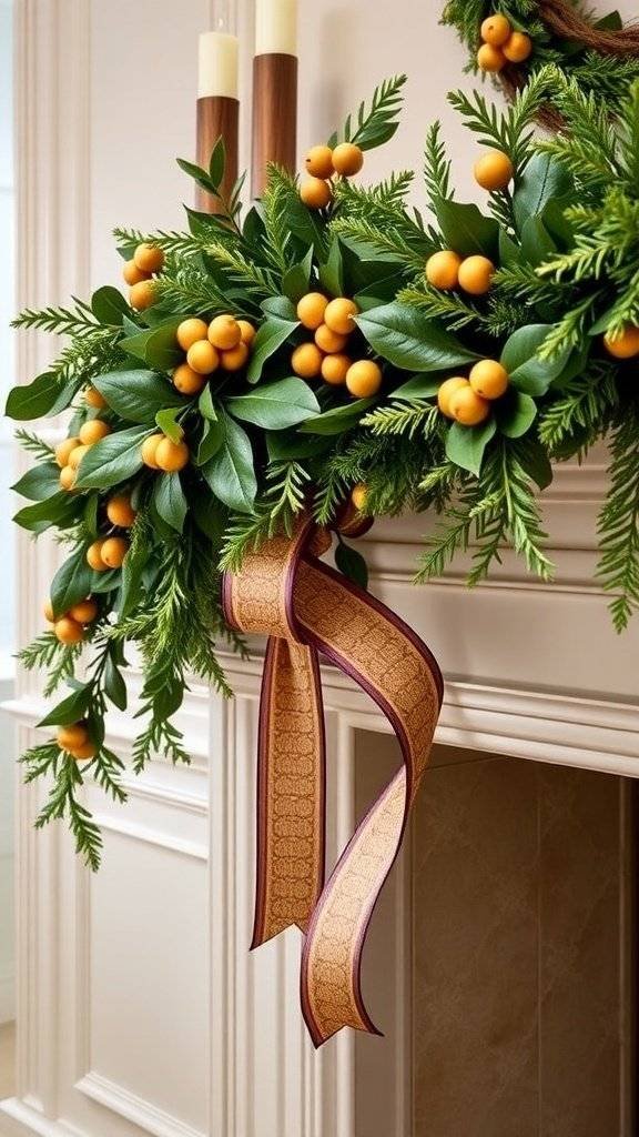 A vintage-style mantel garland with green leaves and golden berries, decorated with elegant ribbons.