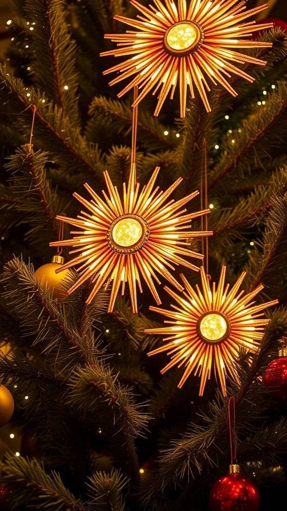 Golden sunburst decorations on a Christmas tree