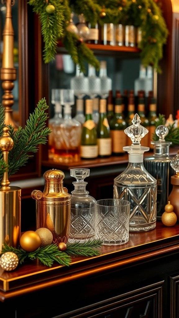 A vintage speakeasy bar scene decorated for Christmas with elegant glassware and festive ornaments.