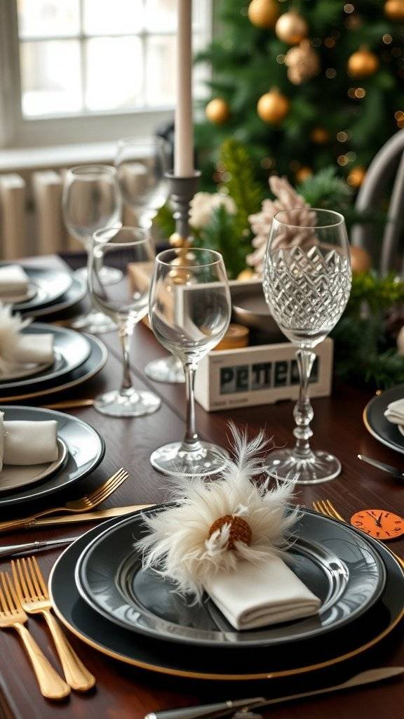 A beautifully set table with dark plates, gold cutlery, and a fluffy napkin decoration, with a Christmas tree in the background.