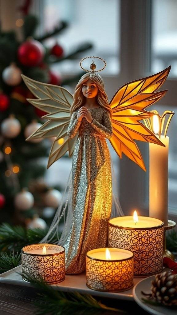 Art Deco angel figurine with golden wings, surrounded by candles and Christmas decorations