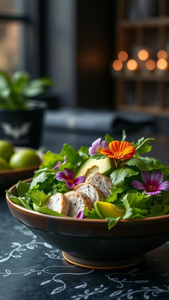 A vibrant avocado chicken salad with sliced grilled chicken, mixed greens, and edible flowers.