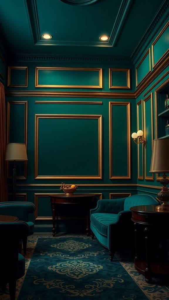 A stylish room with teal walls, golden accents, and plush blue furniture.