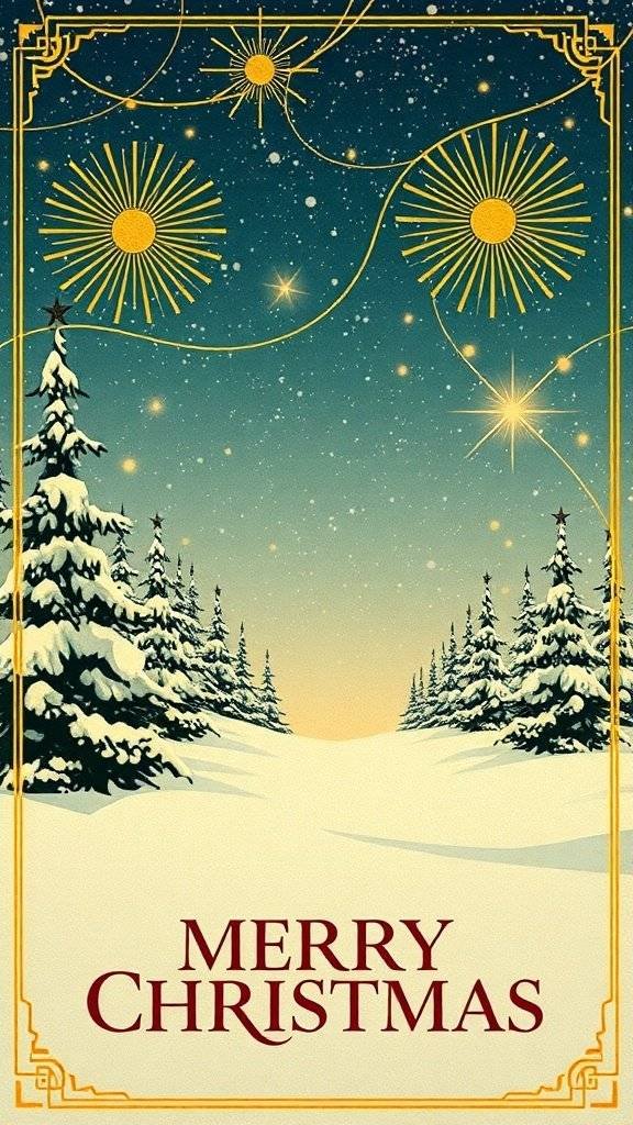 Vintage Christmas card with gold foil design featuring snow-covered trees and a starry sky