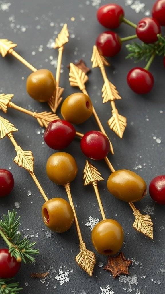 A display of vintage-style cocktail picks shaped like arrows, alongside olives and cherries, set against a dark background.