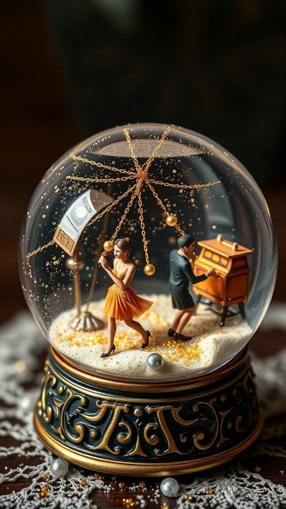 A vintage-style snow globe featuring a couple dancing and a man playing piano, set against a backdrop of golden sparkles.