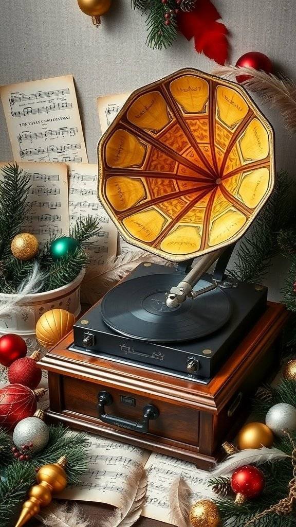 Antique record player surrounded by festive decorations and sheet music