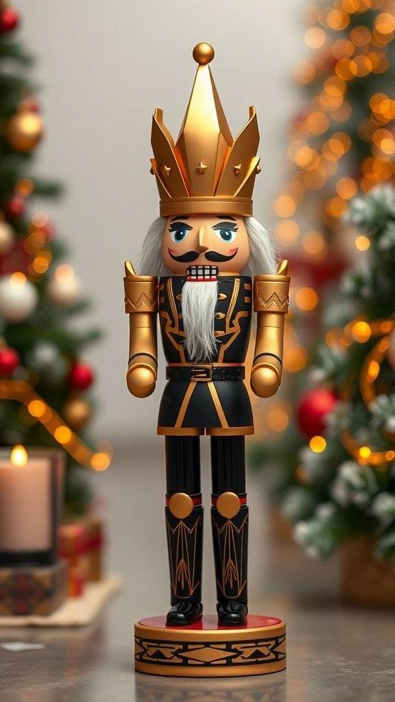 A gold Art Deco nutcracker with a crown, standing in front of a Christmas tree.