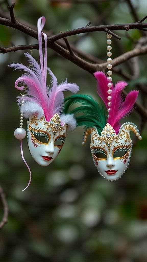 Two vintage masked ball ornaments with feathers and intricate designs hanging on a branch.