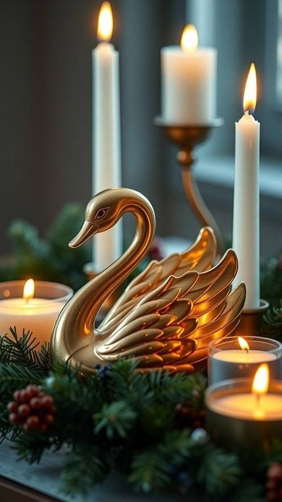 A golden swan decoration surrounded by candles and greenery, embodying vintage Christmas decor.