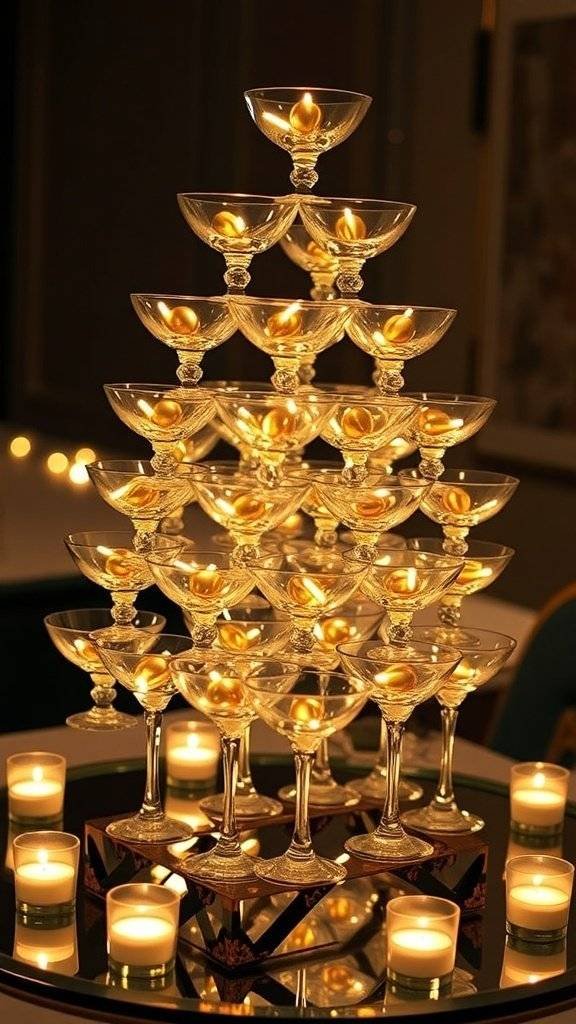 A champagne tower centerpiece made of stacked glasses filled with red ornaments, surrounded by festive lights and decorations.