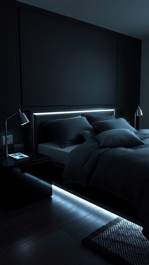 A modern bedroom with dark tones and LED lighting, inspired by Gotham's high-tech vibe.
